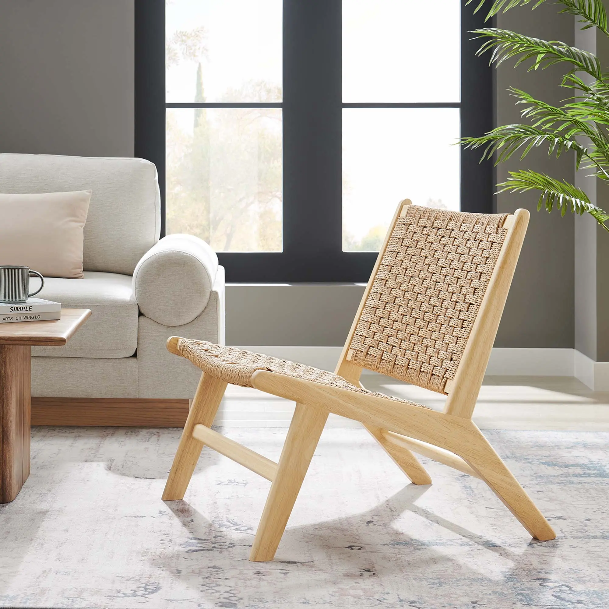 Modway Saoirse Woven Rope Wood Accent Lounge Chair in Natural Natural