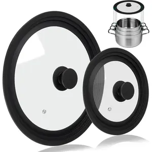 2 Pack Universal Replacement Pan Lids Fit 7" 8" 9" 10" 11" 12" Diameter Cookware, Silicone Pot Lids for Pans Skillets Frying Pans Cast Iron, Tempered Glass Lid