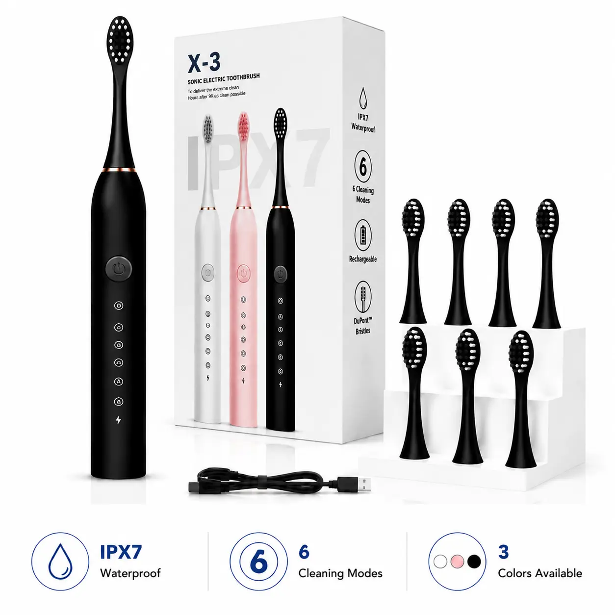 Electric Toothbrush with 7 Brush Heads, 6 Cleaning Modes Rechargeable Sonic Toothbrush IPX7 Waterproof for Adults, Travel & Holiday Gift