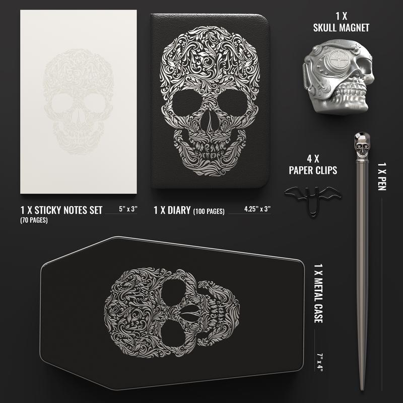Gothic Skull Stationery Gift Set – Coffin Box with Journal, Pen, Sticky Notes, Magnet, Paper Clips & Gift Card