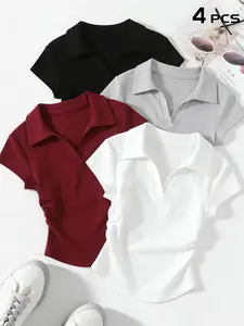 Women's 2026 4 Pcs Solid Color Slim Fit Polo Top Set，Trendy Y2K Cute Aesthetic V Neck Short Sleeve Tees，Viral TikTok Coquette Preppy Style Fashion for Daily Streetwear & Office Look，Versatile Outfits for Summer, Going Out, Work & Layering
