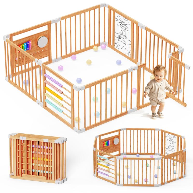 Naudacaa Baby Playpen & Safety Gate, 6/8/10 Panels  Foldable Pine Wood Play Yard with Child-Proof Lock, Easy-Assembly Baby Fence for Indoor Safe Play