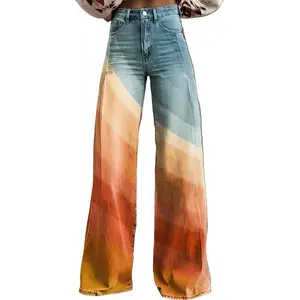 Retro boho gradient wide-leg jeans — low-rise, baggy — perfect for brunch and round vibes! Women’s chic flare pants — breathable, lightweight, casual crop trousers with pockets, suitable for pairing with blouses