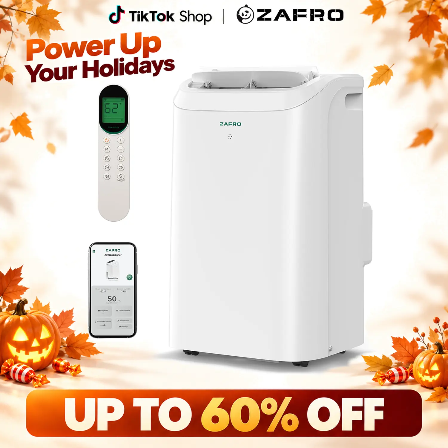 ZAFRO Inverter Portable Aircon, 10K/12K/14K BTU (6K/8K/10K SACC, 12000 BTU ASHRAE 128), 110V Residential, 44dB Silent Mode, WiFi, R32 Eco-Friendly, 30s Cooling, No Drainage, 1s Removable Filter Reminder, 360° Wheels, App Control for Home/Office