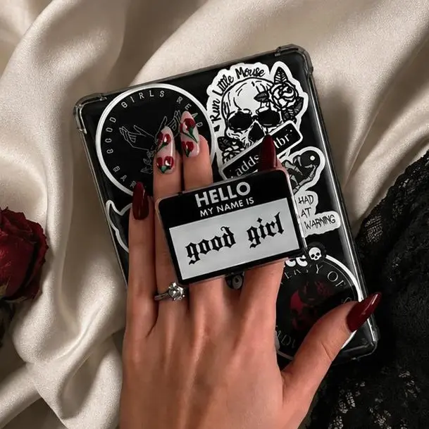 Hello My Name Is Good Girl Kindle Grip, Spicy Bookish Grip for E-Readers, Dark Romance Reader Accessory sticky phone magnetic mount, Compact Holder Stand