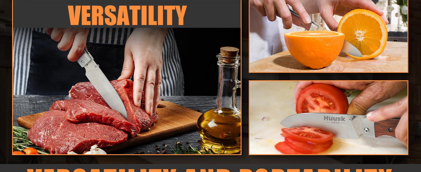 Huusk Folding Chef Pocket Knife, Japanese Santoku with 440C Stainless Steel Ultra Sharp Blade. EDC Kitchen, BBQ, Camping Knife for Meat, Veggies, and Fruits. Perfect Thanksgiving/Black Friday Gift.