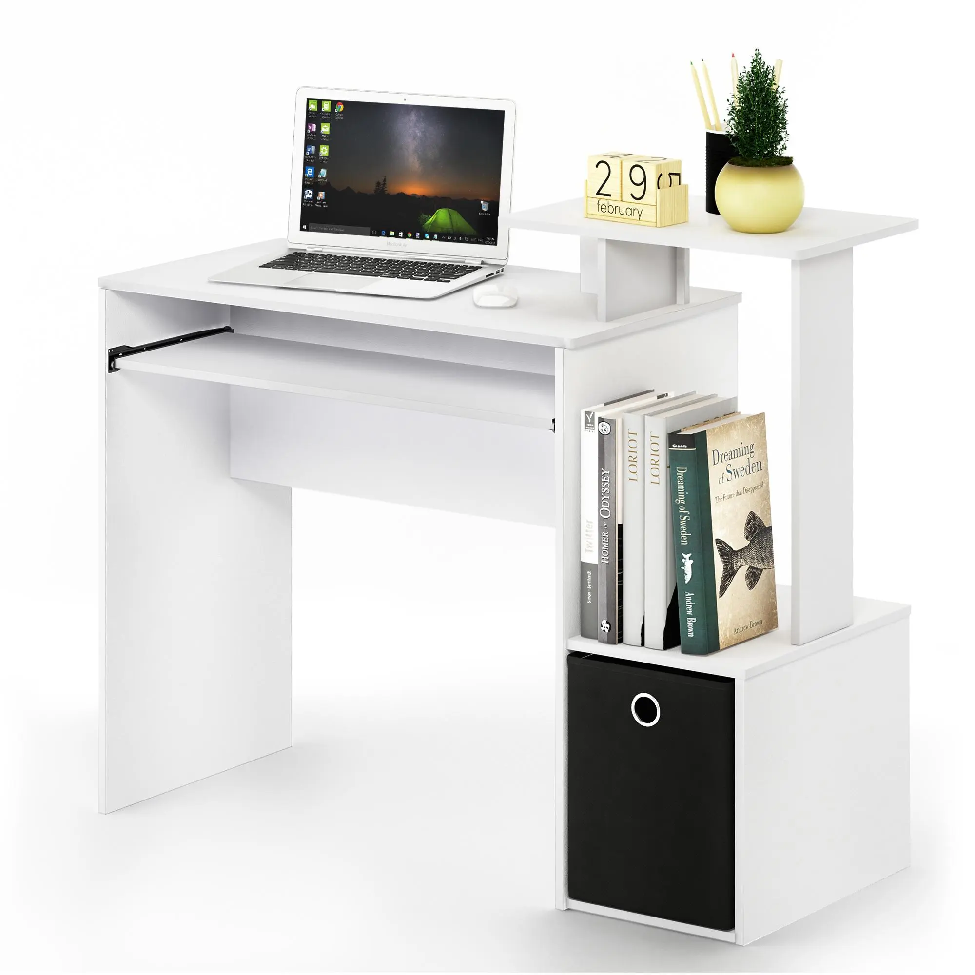 White ECON Compact Cabinet Desk - Minimalist Modern Style Office Desk with Functional Design, Keyboard Tray, Extra Shelves for Dorm & Home Office Organization, Compact Cabinet Desks, Minimalist Modern Desks
