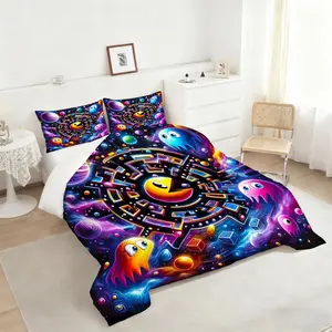 Psychedelic Pac-Man Adventure Comforter Set, Retro Video Game Inspired Bedding Set, Vivid Colors & Cosmic Design, Perfect for Eclectic Bedroom Decor, Fun & Nostalgic Quilt for Kids and Teens, Includes 1 quilt, with 1 or 2 Pillowcase No Pillow Core