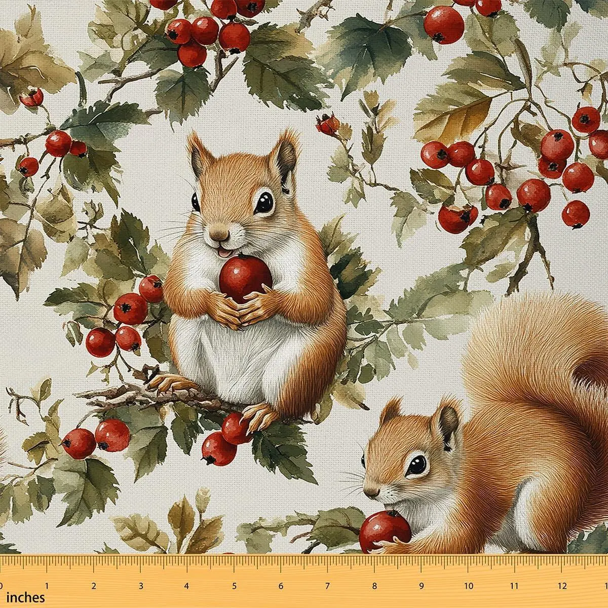 Cartoon Squirrel Fabric Cute Wild Animal Red Fruits Green Leaves Sewing Supplies Christmas Rustic Farmhouse Style Fabric DIY Soft Flannel Polyester No Stretch