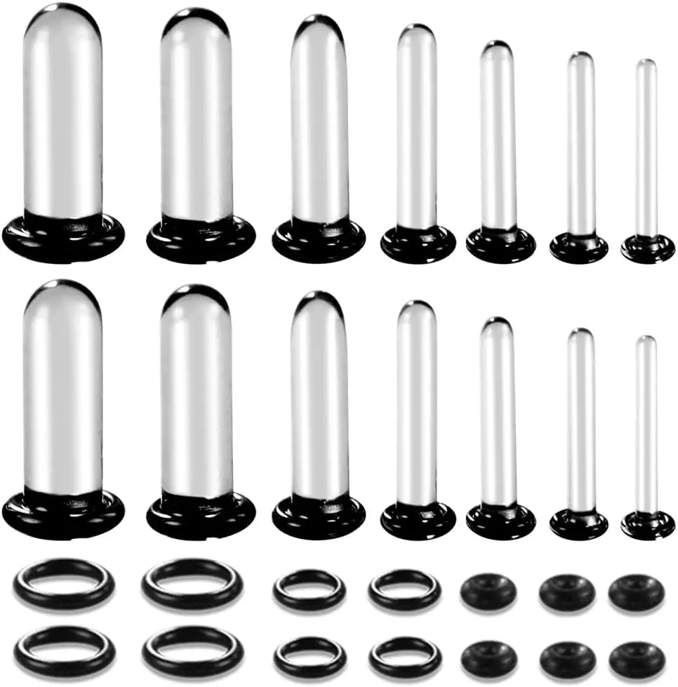 24 PCS/14PCS/10 PCS Glass Ear Gauges Stretching Kit Short Taper Expander, 14G-00G Comfy Dead Stretching Plugs with Rubber Rings, Crazy Domed Body Piercing Jewelry Set