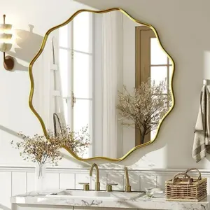 BEAUTYPEAK 24" Wavy Round Bathroom Mirror Wall Decor with Deep Frame