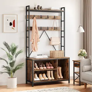 Industrial Hall Tree Coat Rack with Shoe Bench – Freestanding Entryway Organizer with 3 Storage Cubbies & 8 Hooks for Mudroom or Hallway, Rustic Brown