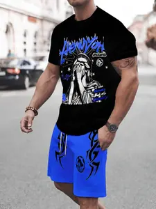 Men's Y2K Style 3D Print Sport Set, Casual Short Sleeve Top & Shorts, Perfect Gift for Men, Daily Outdoor Wear, Summer Activewear, Above Knee Length, Sporty Shorts Set