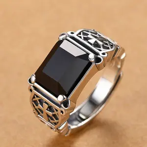 1 pc Men's Adjustable Real Letter Ring, Hip-Hop Style with Black Stone, Suitable for Wedding Ring, Engagement Ring, Valentine's Day Gift