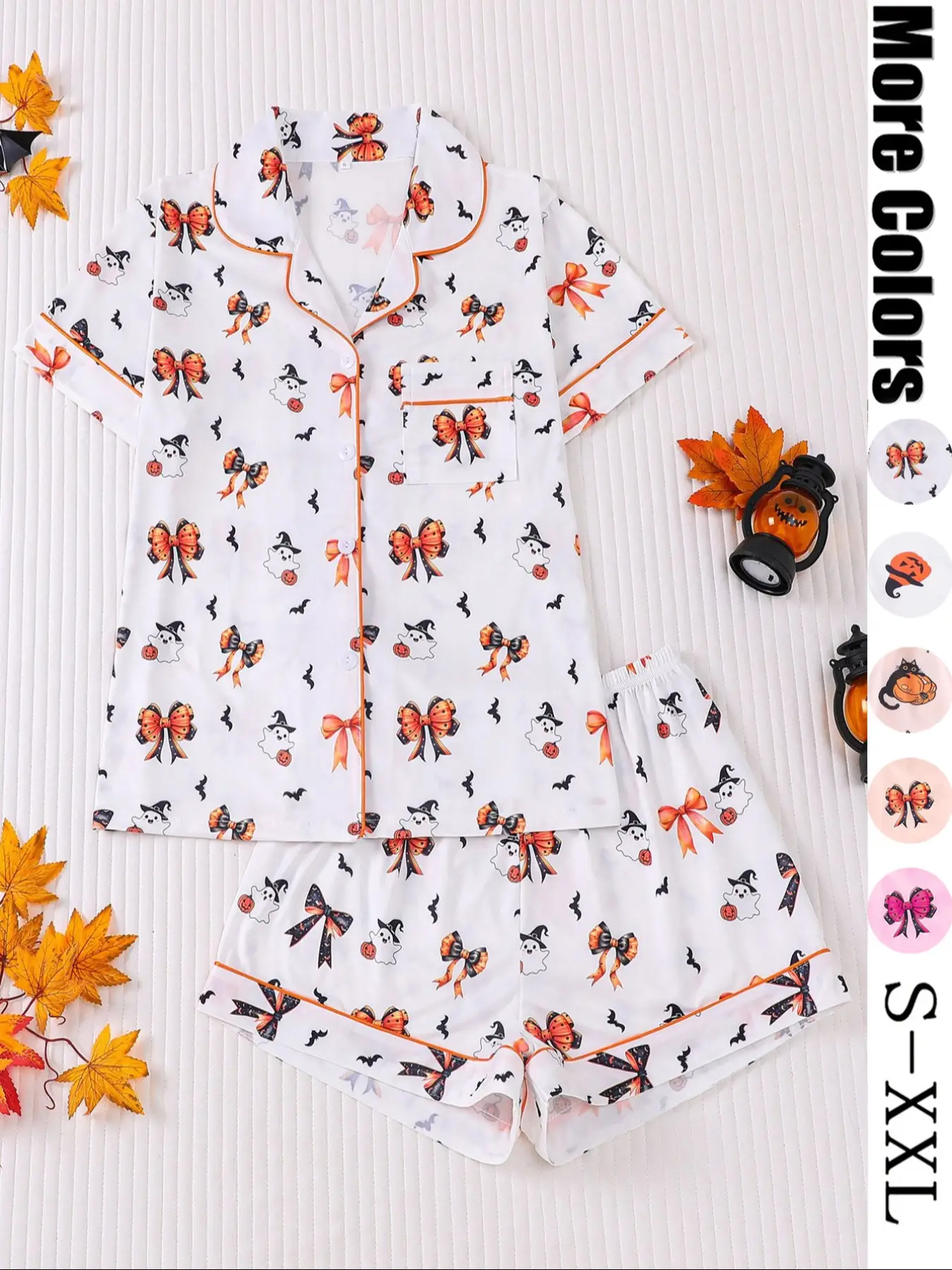 【Halloween】Women's Halloween Pajama Set, Cute Ghost Cat Pumpkin Print, Short Sleeve Lapel Shirt & Elastic Shorts, Casual All-Season Sleepwear