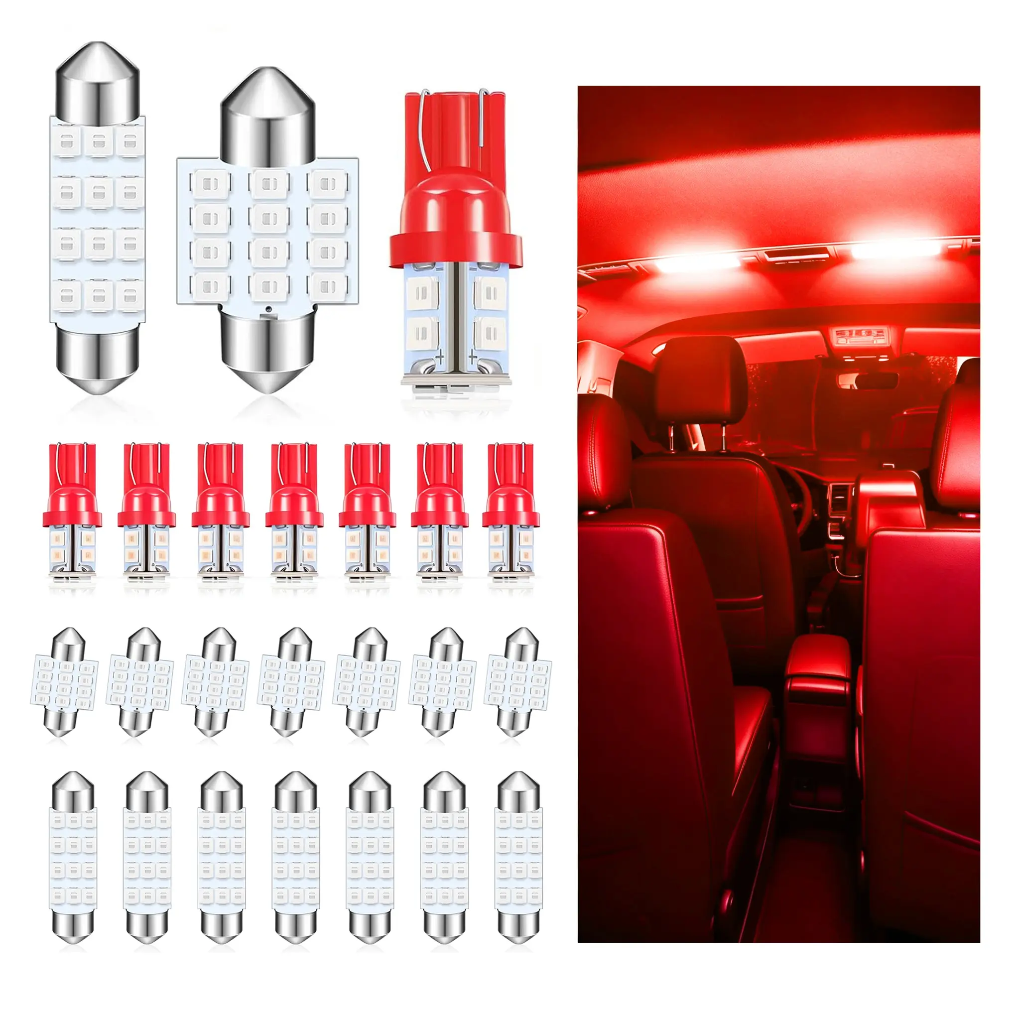 24-Piece Plug-and-Play 3W No-Delay No-Flicker LED Car Interior Light Bulbs Kit with Circuit Boards, 3 Types, Assorted Sizes (T10,31mm,42mm), Fits Dome, Plate, Cargo Accessories