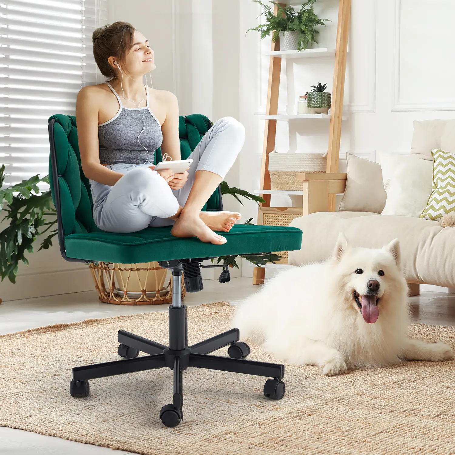 EROMMY Height Adjustable Criss Cross Chair with Removable Wheels,Cross-legged Armless Swivel Home Office Chair,Oversized Vanity and Reading Chair for