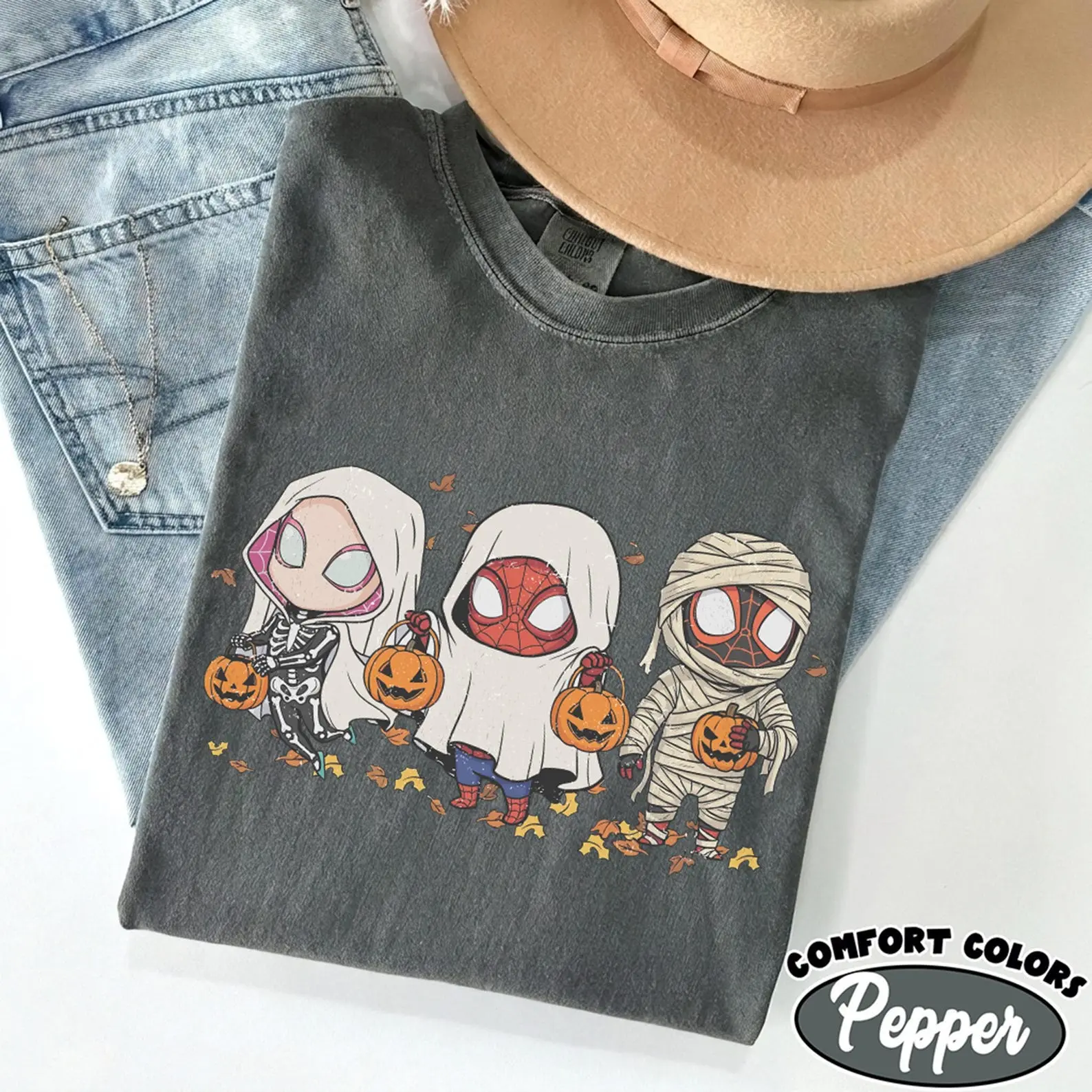 Spiderman Halloween Comfort Colors Shirt, Cute Superhero Trick Or Treat Tee, Chibi Ghost Spider Spooky Season Outfit, Fall Pumpkin Top