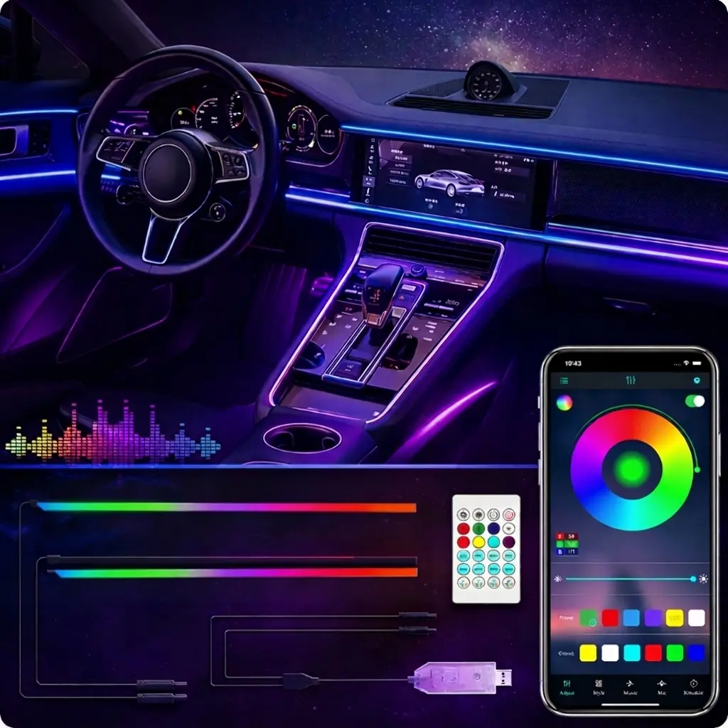 Smart LED Interior Car Lights, USB Powered RGB Car Ambient Lighting with App Control & Music Sync, DIY Mode 110cm+110cm 2-in-1 Design,  Multi-Color Decor for Cars Trucks，Gift for Men & Women