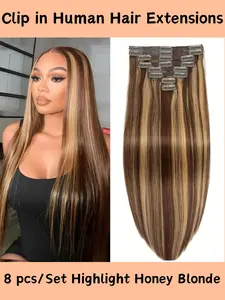 Clip in Hair Extensions Real Human Hair Remy Human Hair Seamless Balayage Invisible Clip on hair extensions for women Double Weft 8pcs #4/27 Highlight Honey Blonde