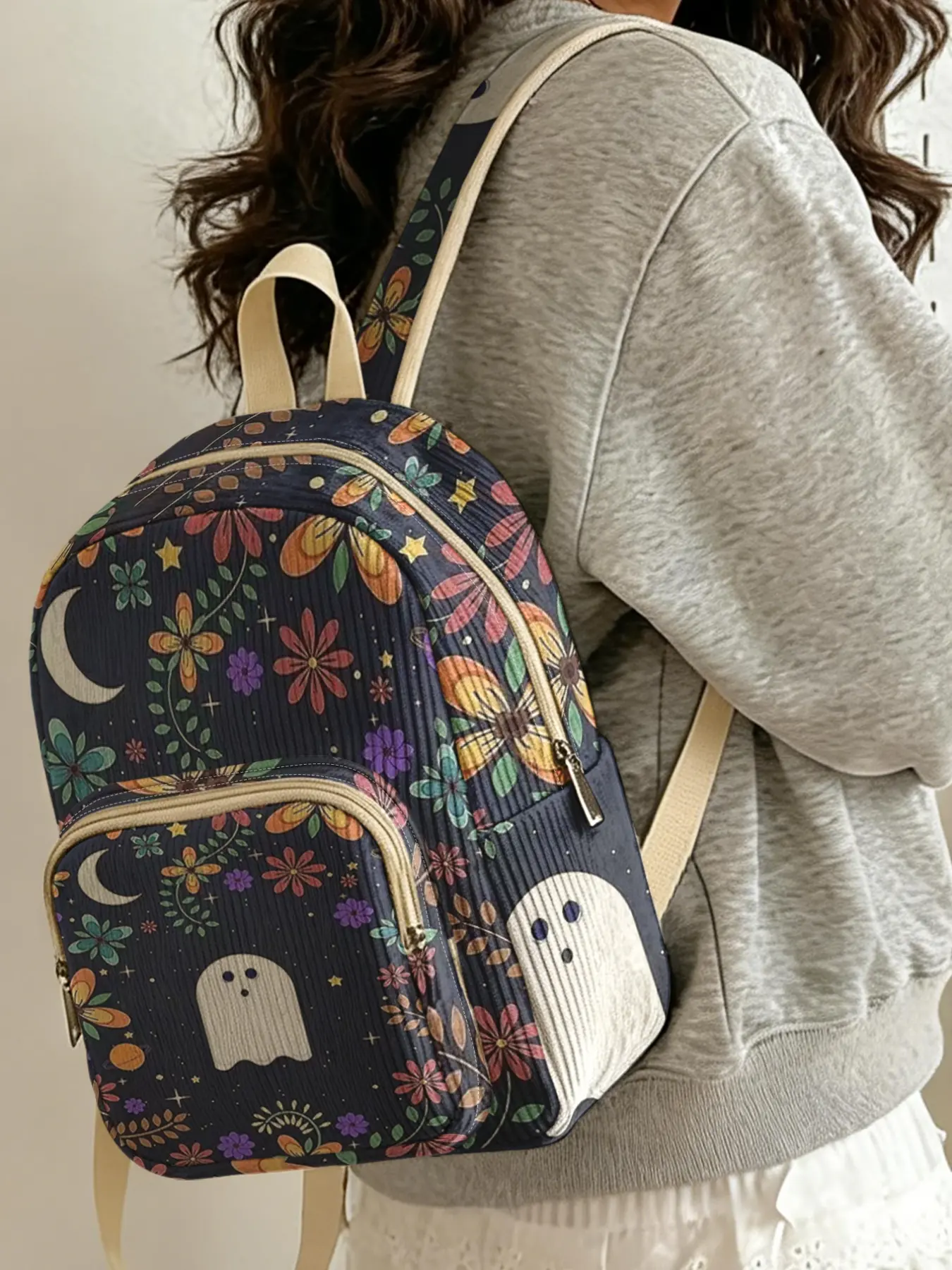 1 piece of lady's two-shoulder bag, Graphic Backpack, Printed, with 2D printed ghost flower pattern, chenille texture, layered storage, light weight reduction, perfect for students to go to class/shopping, combination of atmosphere and practicality