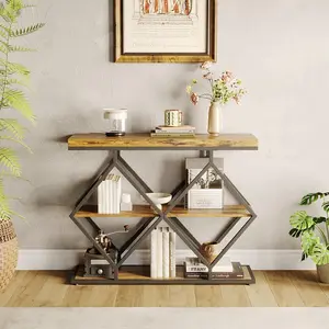 Garvee 3-Tier Industrial Entryway Table with Diamond-Shaped Metal Frame and Adjustable Feet, Open Shelf Console Sofa Table for Living Room, Hallway, or Foyer Storage Accent with Rustic Wood Top in Brown