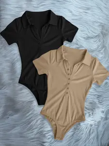 Women's New Solid Color Fashion Slim Fit Buttoned Ribbed Collar Comfortable Fitted Bodysuit Outfit Set, 2 Piece Casual Underwear