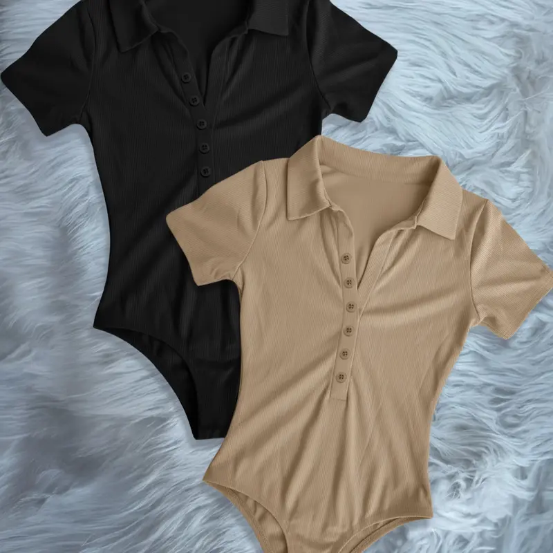 Women's New Basic Solid Color Fashion Short Slim Fit Buttoned Ribbed Collar Comfortable Fitted Fashionable Bodysuits Bodysuit Clothes Outfit Set, 2 Piece Casual Underwear
