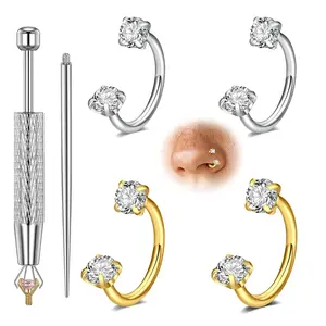 4PCS Surgical Steel 18G Horseshoe Nose Rings, Internally Threaded Gem Nose Hoop Piercing Jewelry with Ball Holder & Guiding Needle