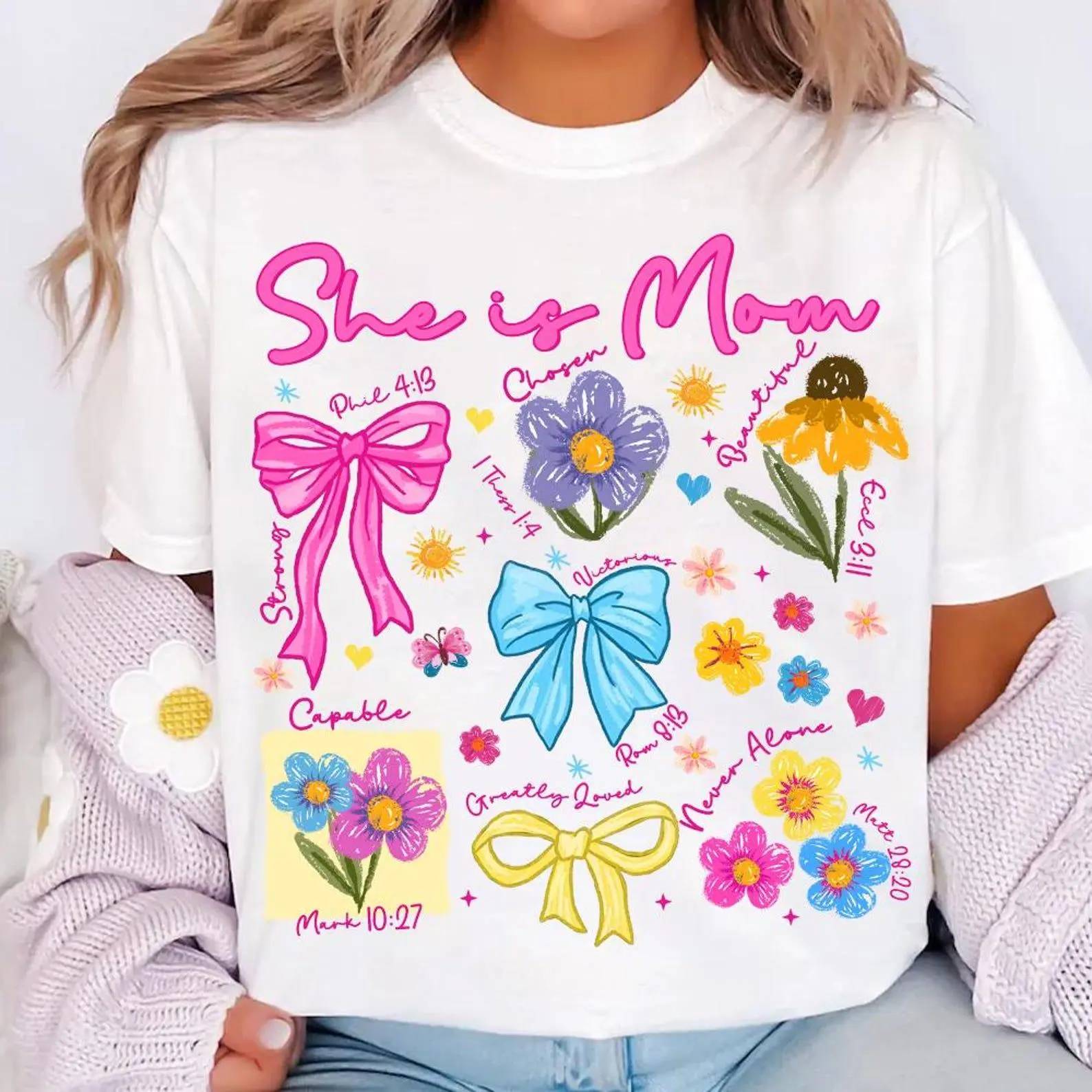 She is Mom Coquette Comfort colors T-shirt, Christian Mama Trendy Baby Tee, Preppy Mama Floral Pink Coquette Bow Mother’s Day Wildflower Bible Verses Tee Shirt