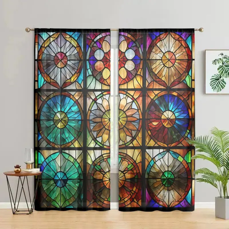 Abstract Colorful Art Pattern Door Curtain, 2 Counts/set Retro Colored Glass Geometric Pattern Door Curtain, Home Decor for Living Room Bedroom Study Room Kitchen, Art Style Curtains, Home Decoration Curtain