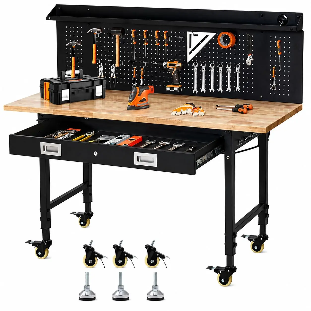 48-inch Heavy-Duty Rolling Adjustable Workbench with 2000 lbs Capacity Natural Finish Solid Wood Top, 4 AC Sockets, 2 USB Ports, Storage Drawer, 27.8"-39.5" Leg System, 360° Swivel Casters for Garage Workshop