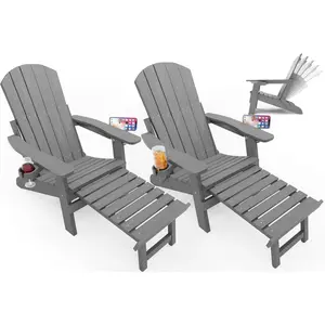 Adirondack Chair with Retractable Ottoman, Folding Adirondack Chairs Set of 2, 5-Level Adjustable Backrest with Footrest, Fire Pit Chairs with 2 Cup Holders, Outdoor Plastic Chairs for Patio