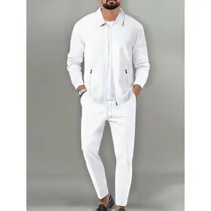 Sporty Two-Piece Set Men's Plain Zip Up Jacket & Drawstring Waist Pants Tracksuit Set, Sports Collared Outerwear & Pocket Trousers for Workout Running
