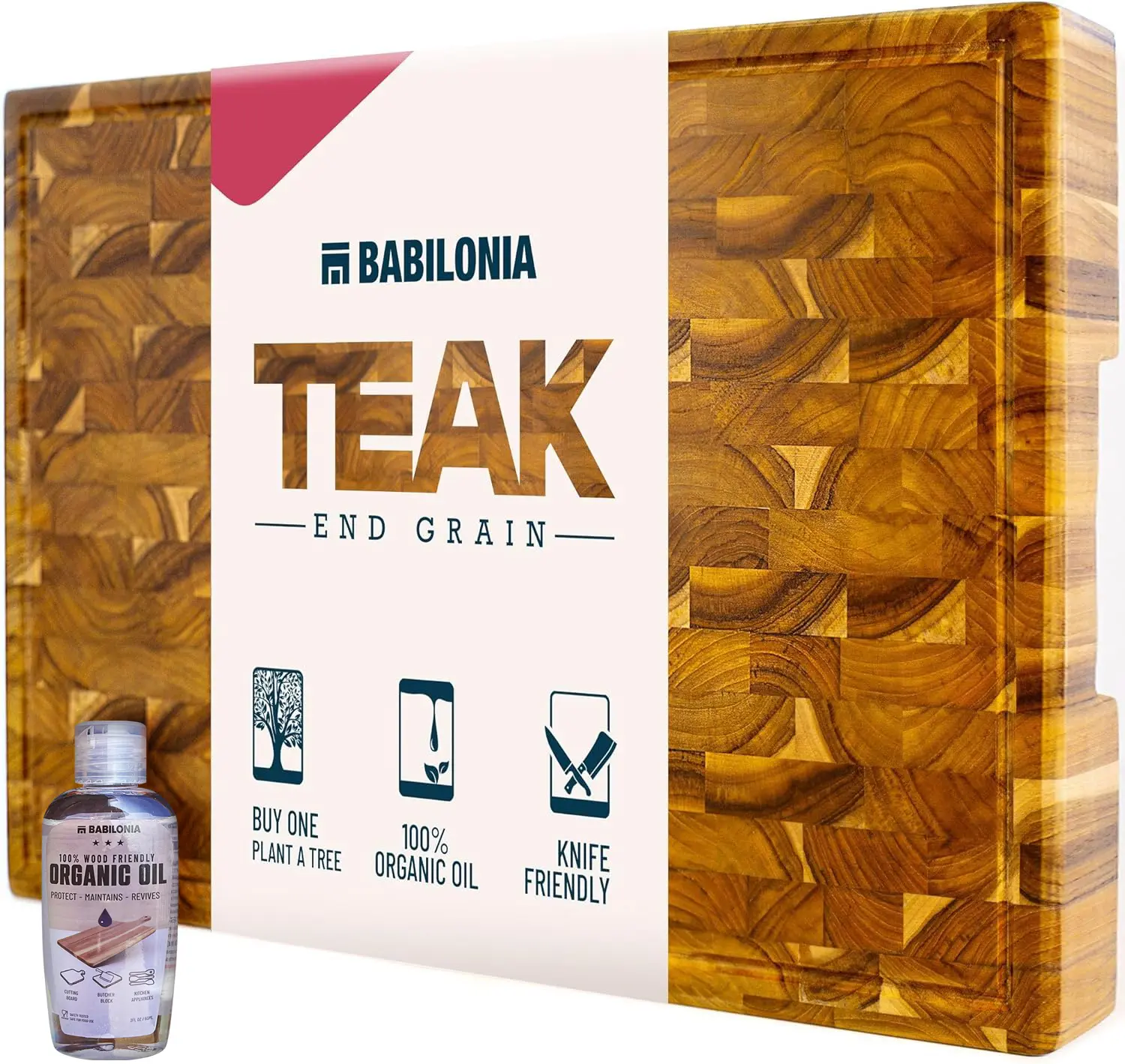 Babilonia Teak Cutting Board Large 1.7" Extra Thick Premium Butcher Block Charcuterie Board Heavy Duty End Grain Wood Chopping Board 19.7"L x 12.2"W with Handle Oil Bottle & Plate Included - Kitchen
