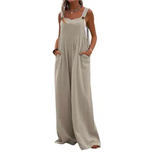 Women’s Fashion Solid Color Jumpsuit Casual Button Wide Leg Suspender Overalls with Pockets