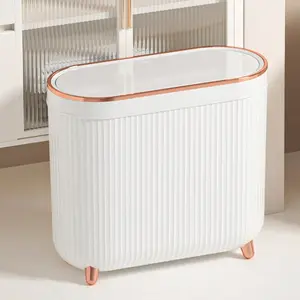 Slim Bathroom Trash Can with Lid – 3.1 Gallon (12L) Narrow Plastic Garbage Bin with Press Top – Small Rectangular Wastebasket for Bathroom, Bedroom, Office, or Living Room – White