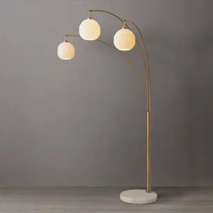 Moraga 3 Light Arc Floor Lamp - 85", Bone Porceliain, Weathered Brass & Walnut, 4-Way Rotary Switch, Marble base