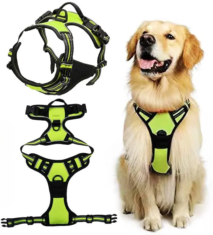 No-Pull Dog Harness, Reflective Adjustable Pet Vest, Dog Leash,Black and Neon Green, Heavy-Duty Training Harness for Large Dogs