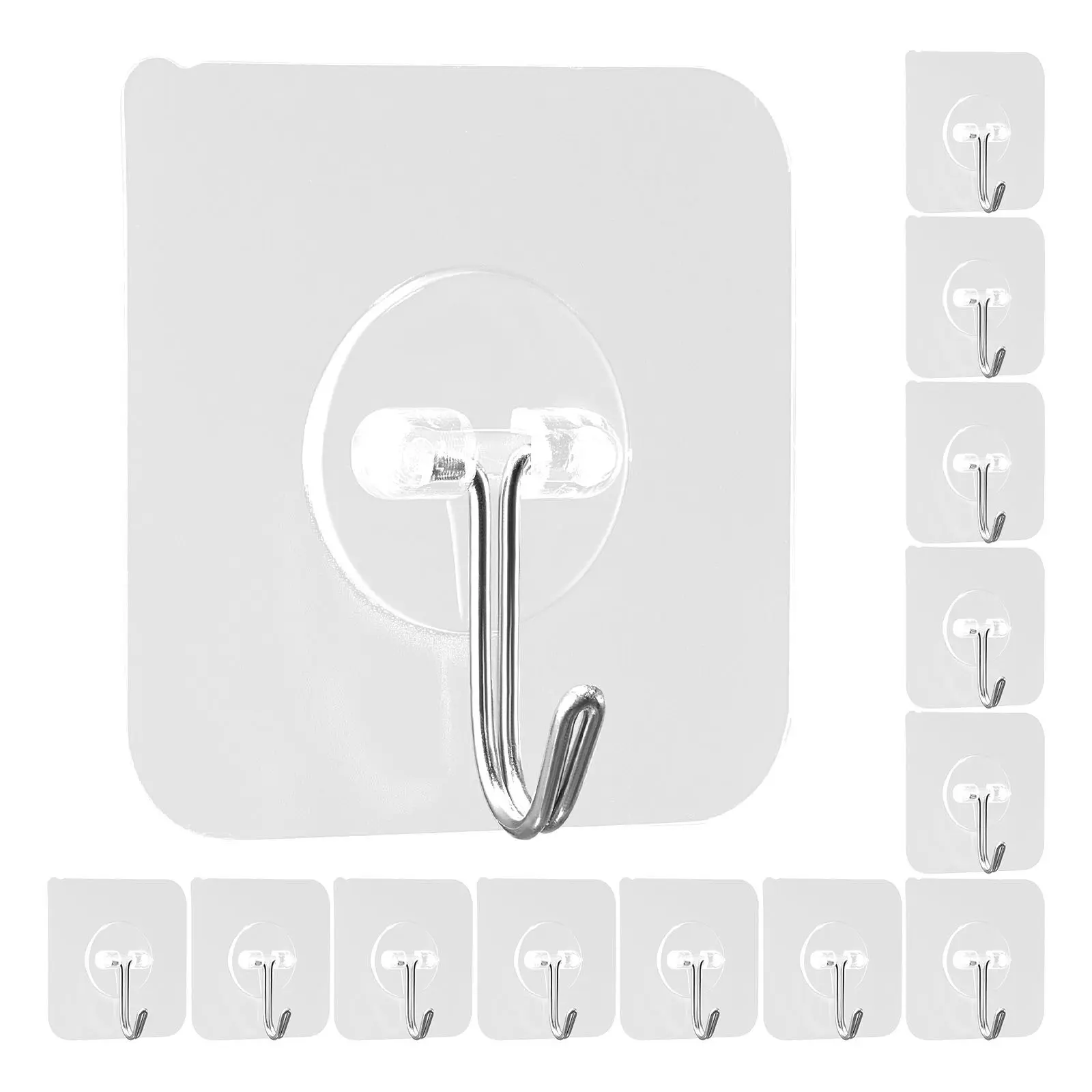 【Summerfinds】VEVOR 12-Pcs Heavy Duty Wall Mount Drill-Free Rust-Resistant Stainless Steel Self-Adhesive Hooks, Transparent Hangers (15 lbs Load) for Bathrooms, Bedrooms, Indoor Use