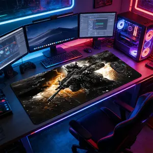 Cyberpunk Tactical Soldier Large Gaming Mouse Pad, Extended Non-Slip Rubber Base Desk Mat, Call of Duty Inspired Golden Flame Military Shooter Design Computer Accessory, Durable Office Desk Pad for Home Office & Gaming Setup, Ideal Gift for FPS & Sci-Fi F