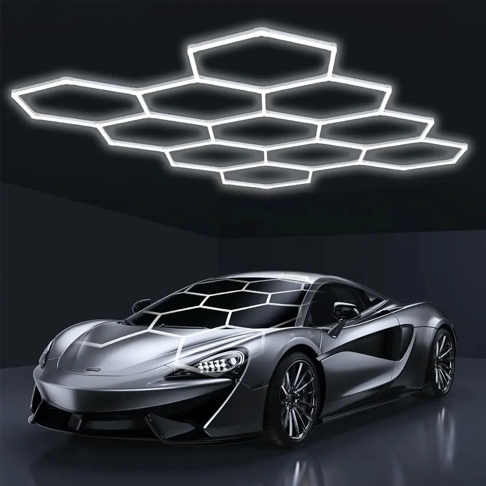 Hexagonal LED Garage Ceiling Light, 11-Grid Full Cover Continuous Lighting, High Lumen Borderless Polycarbonate Cool White (Ra>90 True Color), 20000-Hour Impact-Resistant AC-Powered Fixture, 45cm*25cm*20cm Easy Screw-In for Car Detailing, Basements