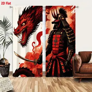 2D Flat  2-Piece Stylish Samurai Dragon Decorative Curtains, Black Red Bold Graphic Design with Japanese Cloud Patterns, Ornate Armor Warrior & Fierce Red Dragon Themed, Perfect for Living Room Bedroom Decor
