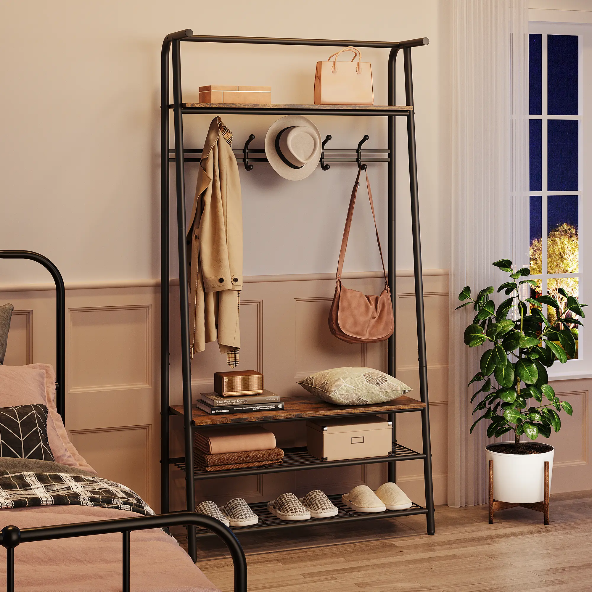 Multifunctional Hall Tree Entryway Bench - Coat Rack with 5-6 Hooks, Shoe Storage, MDF Wood Accent, Steel Frame - 350 lbs Capacity, 64cm Size - Indoor Furniture Organizer for Entryway, Living Room