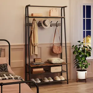 Multifunctional Hall Tree Entryway Bench with Coat Rack and Shoe Storage – 5/6 Hooks – Wood Accent, Metal Frame – Organizer for Entryway, Living Room, Bedroom