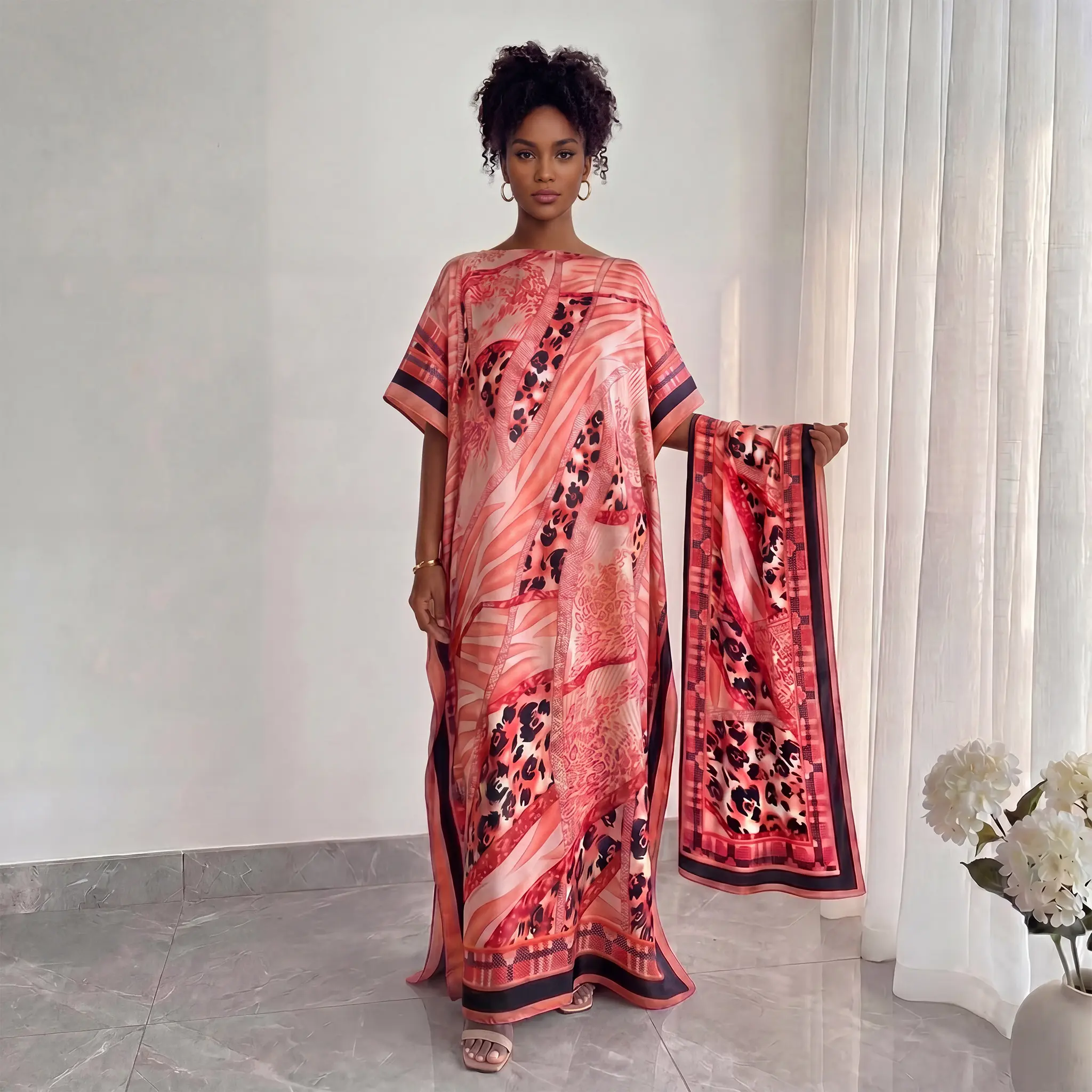 Women’s floral print cover-up dress with shawl, Bohemian-style scarf, floral pattern scarf, everyday wear, fashionable Bohemian accessories for women and girls for all seasons, casual summer style