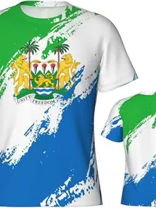 Sierra Leone Flag Color Sports T-Shirt, 3D Print Patriotic Fit, Loose-Fitting Casual Top Without Zipper, Long Sleeve with Collar, Athletic Tops