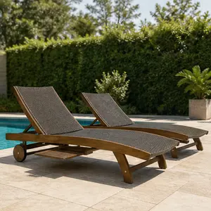 ARCH Acacia Wood Woven PE Wicker Chaise Lounge Set of 2 with Pull-Out Trays, Adjustable Backrest, Wheels, Brown Outdoor Patio Pool Beach Recliner Sun Lounger, 27"W x 78.5"D, Solid Wood Frame, 2-Pack, Brown Color Options, Solid Wood Material