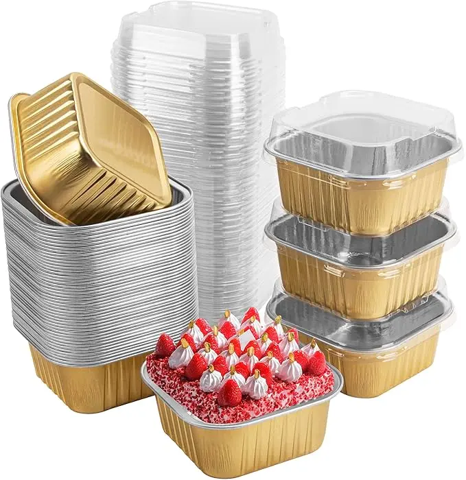 50 Pcs Golden 5oz/150ml Mini Square Aluminum Foil Baking Cups with Lids - Disposable Baking Tools, Cupcake Shaped/Cake Molding/Jello Shot Mold Bakeware Pans for Wedding, Birthday Party, Cupcake Shaped Disposable Bakeware Pans, Bakery Style Disposable Bake