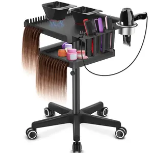 Professional Hair Extensions Organizer Cart Metal Salon Tray Cart with 2  Bowls, Hair Dryer Holder,Adjustable Rolling Base, Black